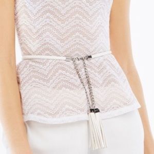 BCBG WAIST BELT WHITE LEATHER BRAIDED TASSEL SILVER CHAIN SIZE M/L
